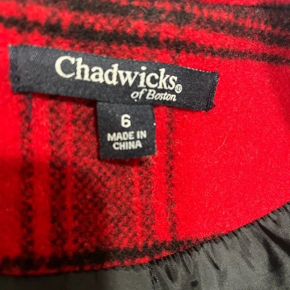 Chadwick’s of Boston Red and Black Plaid Wool Peacoat - Size 6 - Picture 5 of 8